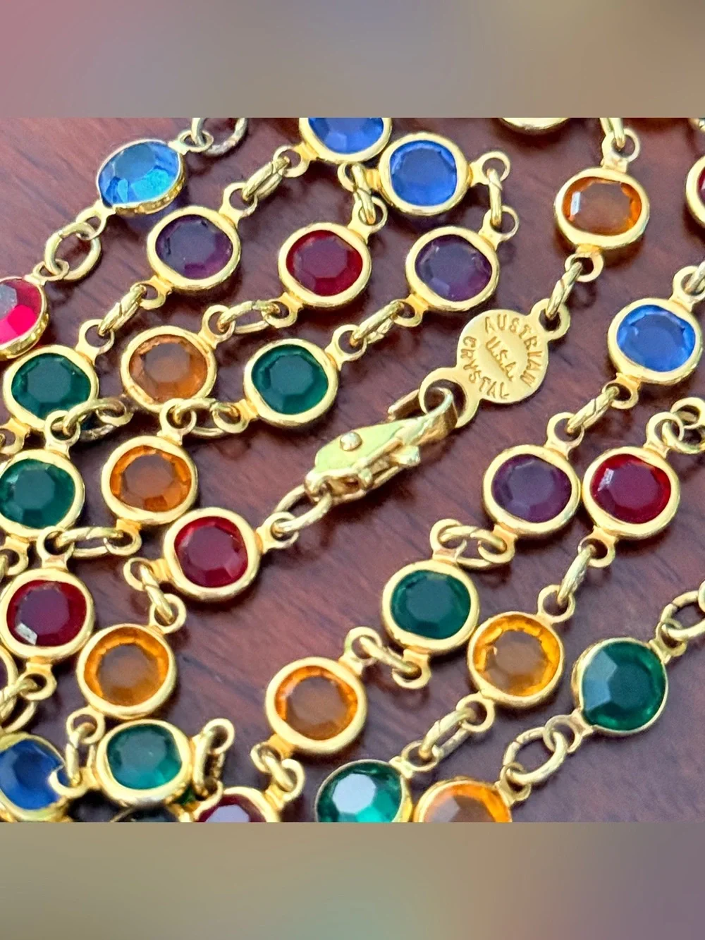 Vintage Austrian Crystal Multicolor Station Necklace; Gold Tone; Made in USA